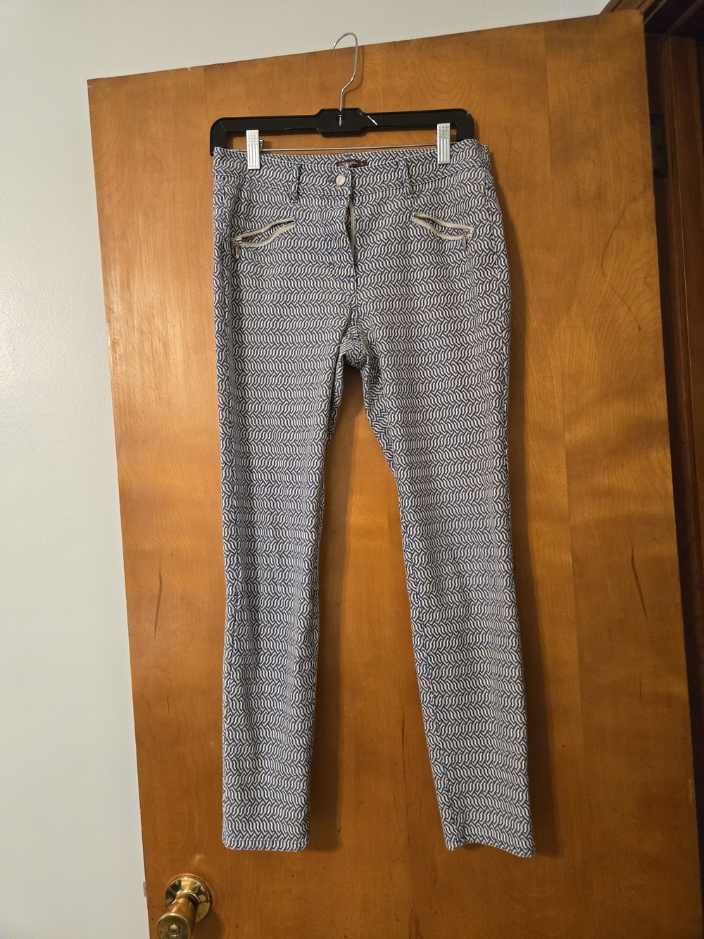 J McLaughlin Geometric Print Blue, White & Gray Denim Pants Size 6